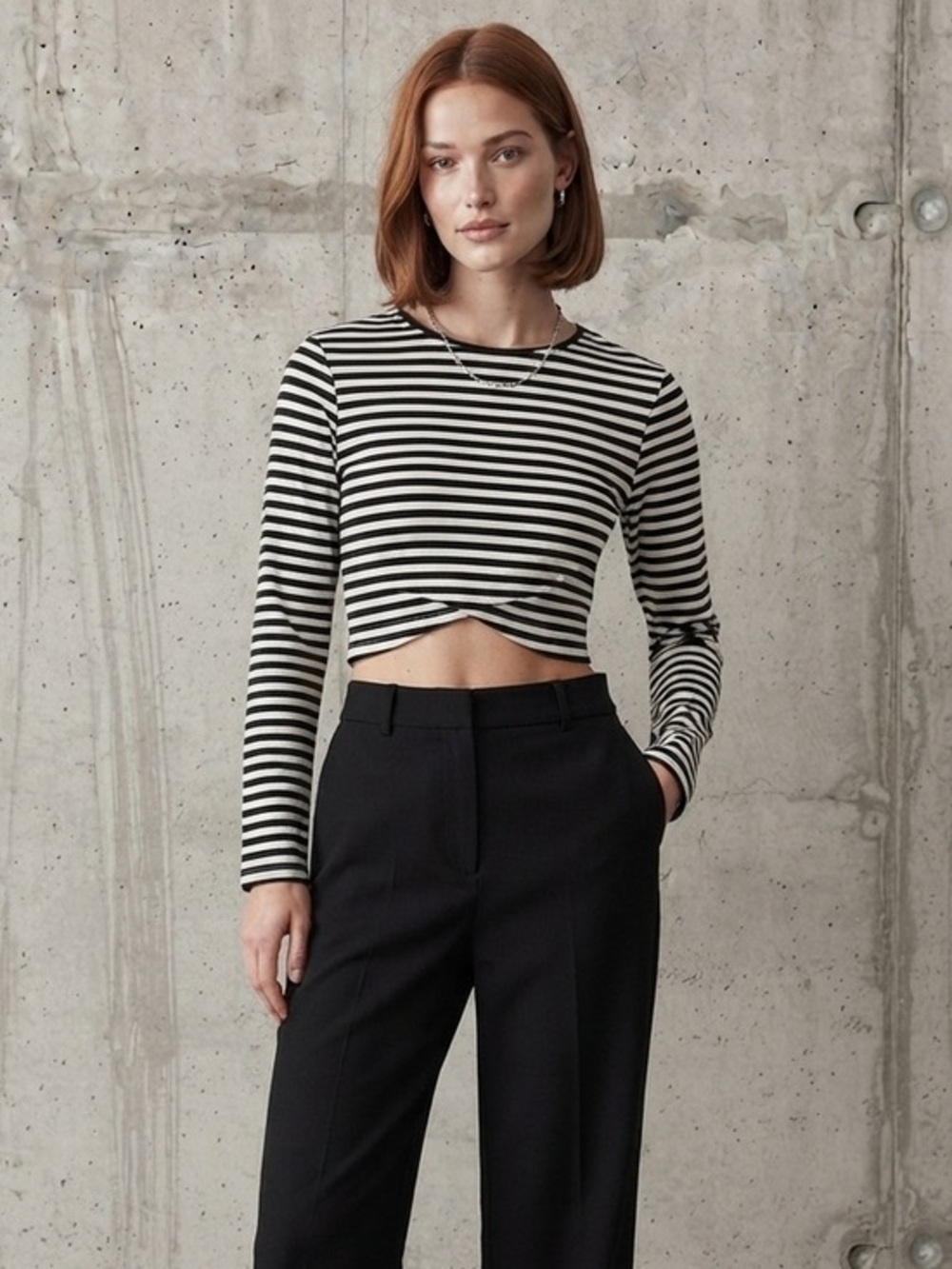 H&M Black & White Striped Long Sleeve Cropped Tee